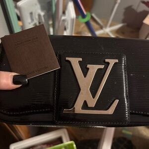 Louis Vuitton Black Patent Epi Clutch with Silver LV Plaque